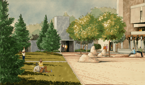 A color drawing of the sculpture, used for renovations between Mitchell and Ortega halls. Facility Planning #028, Oversize Drawer